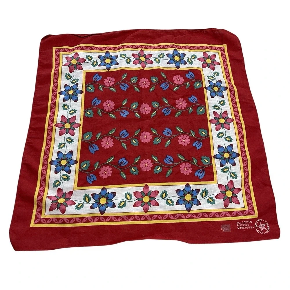 VTG 80s 13960 PARIS USA Bandana Cotton Red Floral Flower Vine Rave Hankerchief